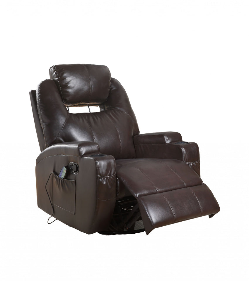 34' X 37' X 41' Brown Bonded Leather Match Swivel Rocker Recliner With Massage